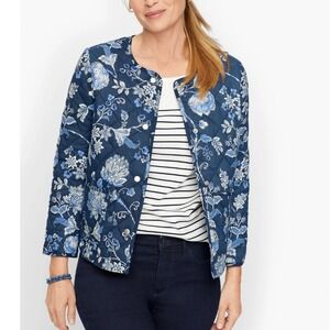 Talbots Women MP Jacobean Quilted Jacket Blue Floral Cottage French Country‎
